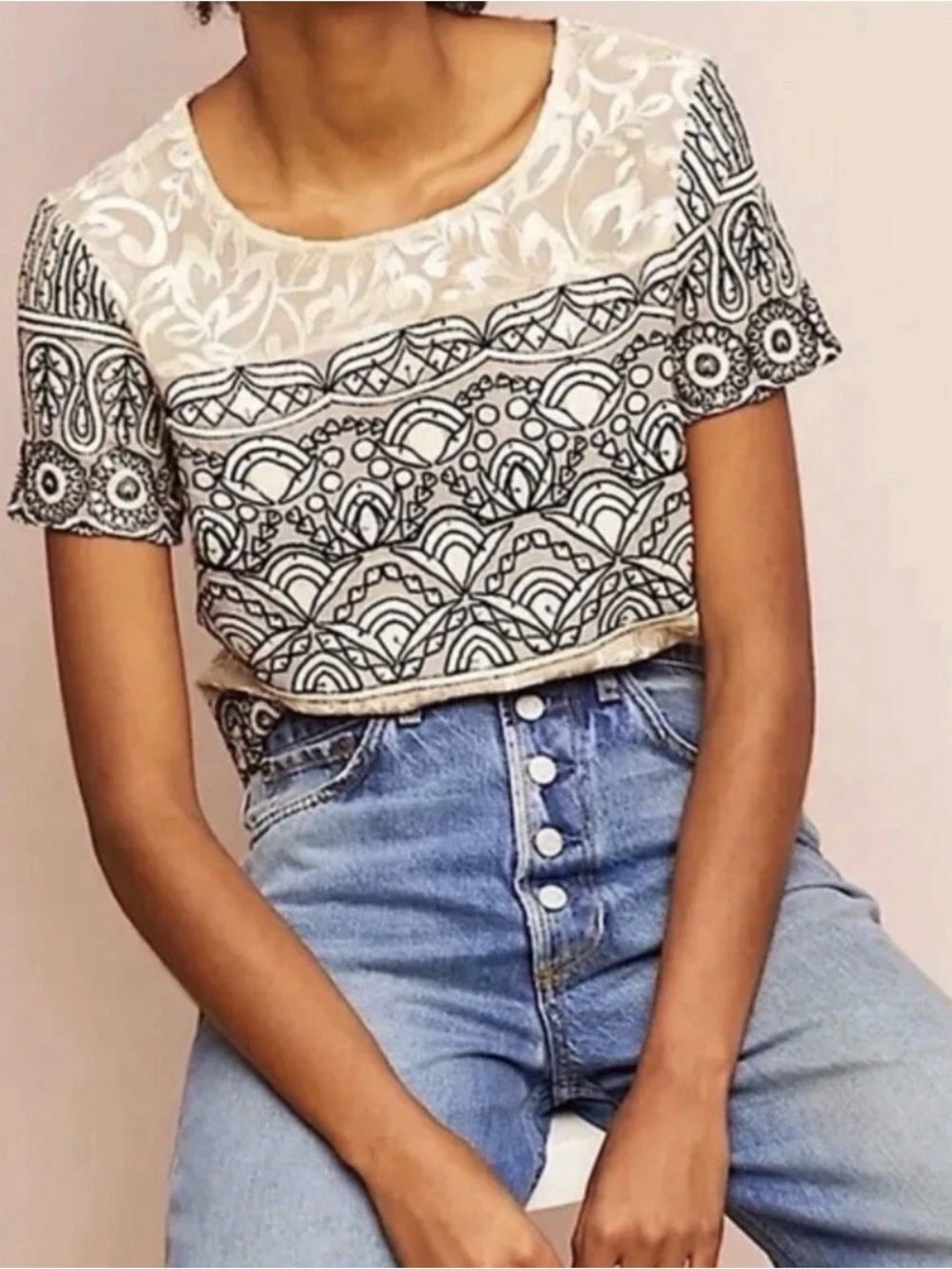 Anthropologie Ivory Crop Top with Black Embroidery